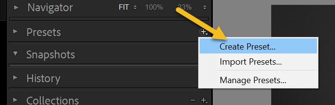 tapping the "Create Preset" option
